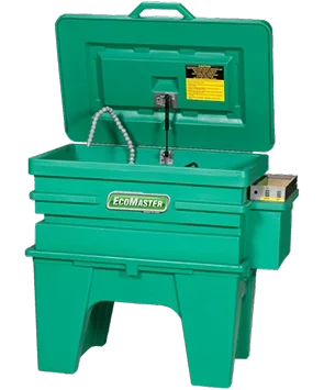 EcoMaster 4000 Corrosion resistant heavy-duty pump Heavy-duty roto-cast thermoplastic cleaning basin – large cleaning capacity Two removable stainless steel shelves Parts washer completely supported by heavy-duty stand Ground fault circuit interrupter for added shock resistant safety Soaking capacity up to 30 gallons Water Based Parts Washer
