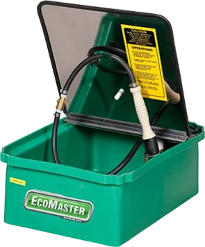 EcoMaster 50 Corrosion resistant heavy-duty pump Flo-thru brush On-off switch built into cord Stainless steel lid and top Spring loaded door closure Heavy-duty, high density polyethylene tank Water Based Parts Washer