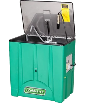 EcoMaster 6000 Dual filtration system: Prefilter and drain filter (all models) Corrosion resistant heavy-duty pump GFCI for added shock resistant safety Spigot with fluid control valve Heater thermostatically controlled preset to 110°F Flow-Thru brush with adjustable fluid control Water Based Parts Washer